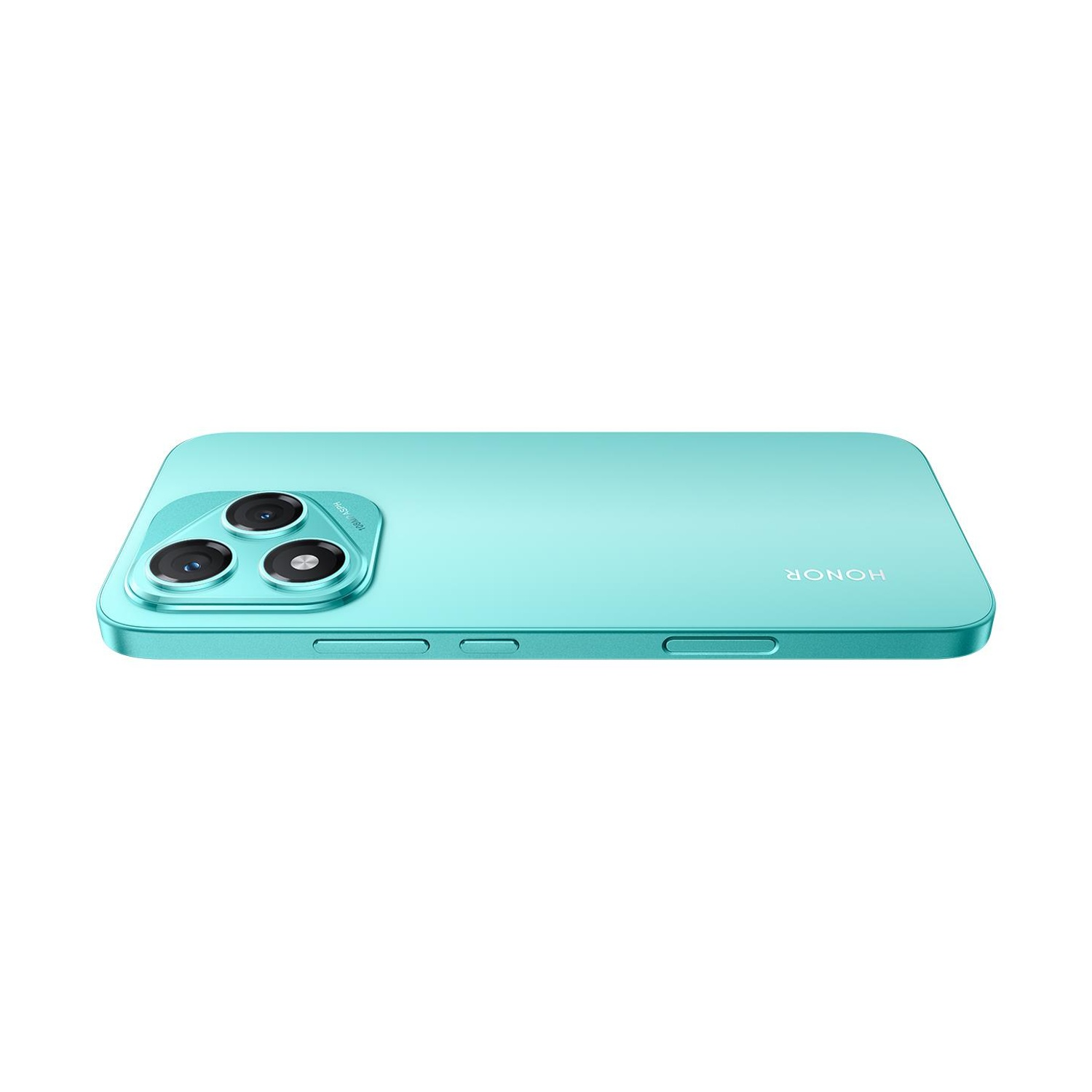 Uno smartphone Honor turchese con tre fotocamere sul retro.