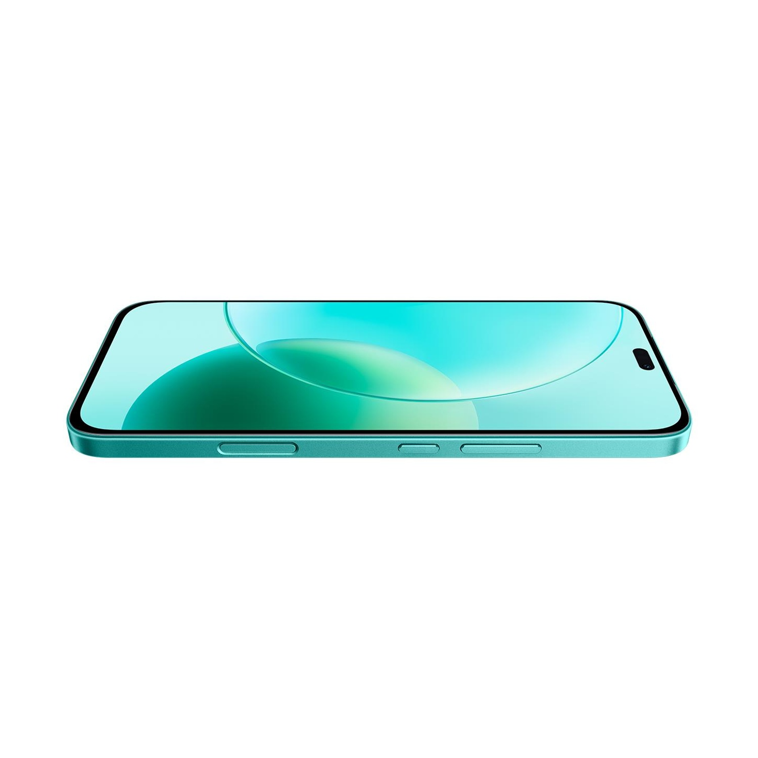 Uno smartphone color verde acqua giace piatto, schermo rivolto verso l'alto, mostra un disegno astratto verde.