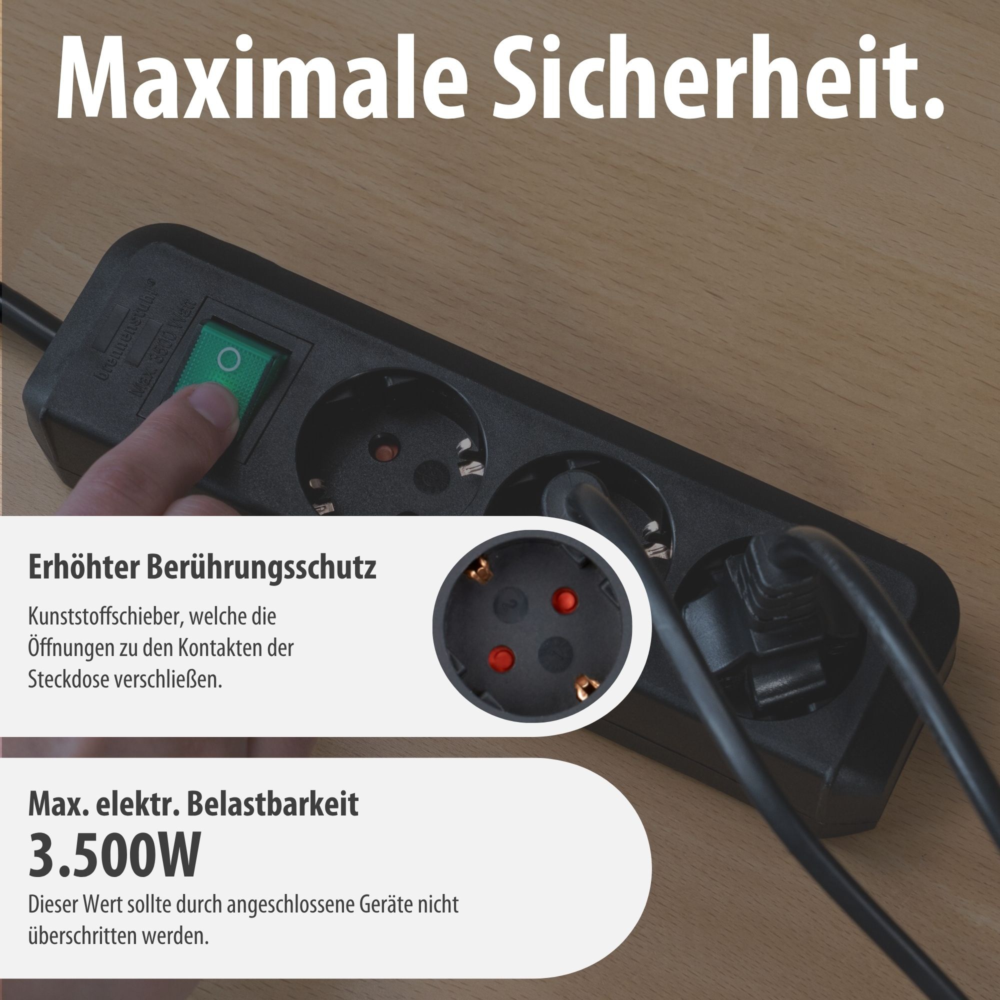 Ein schwarzes Mehrfachsteckdosenleiste mit Schalter, maximal 3500W.