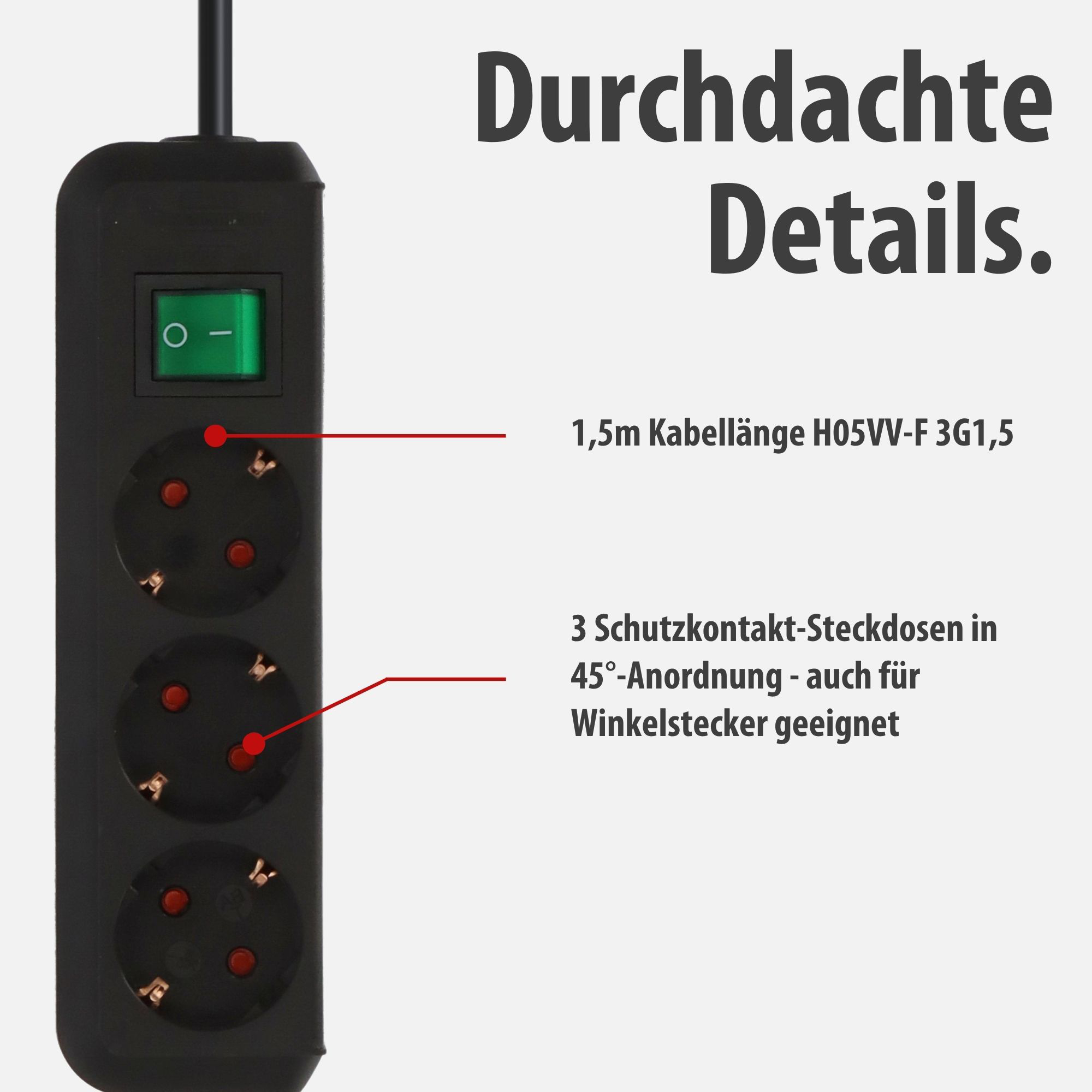 Schwarze Steckdosenleiste mit 3 Steckplätzen, Schalter und 1,5m Kabel.