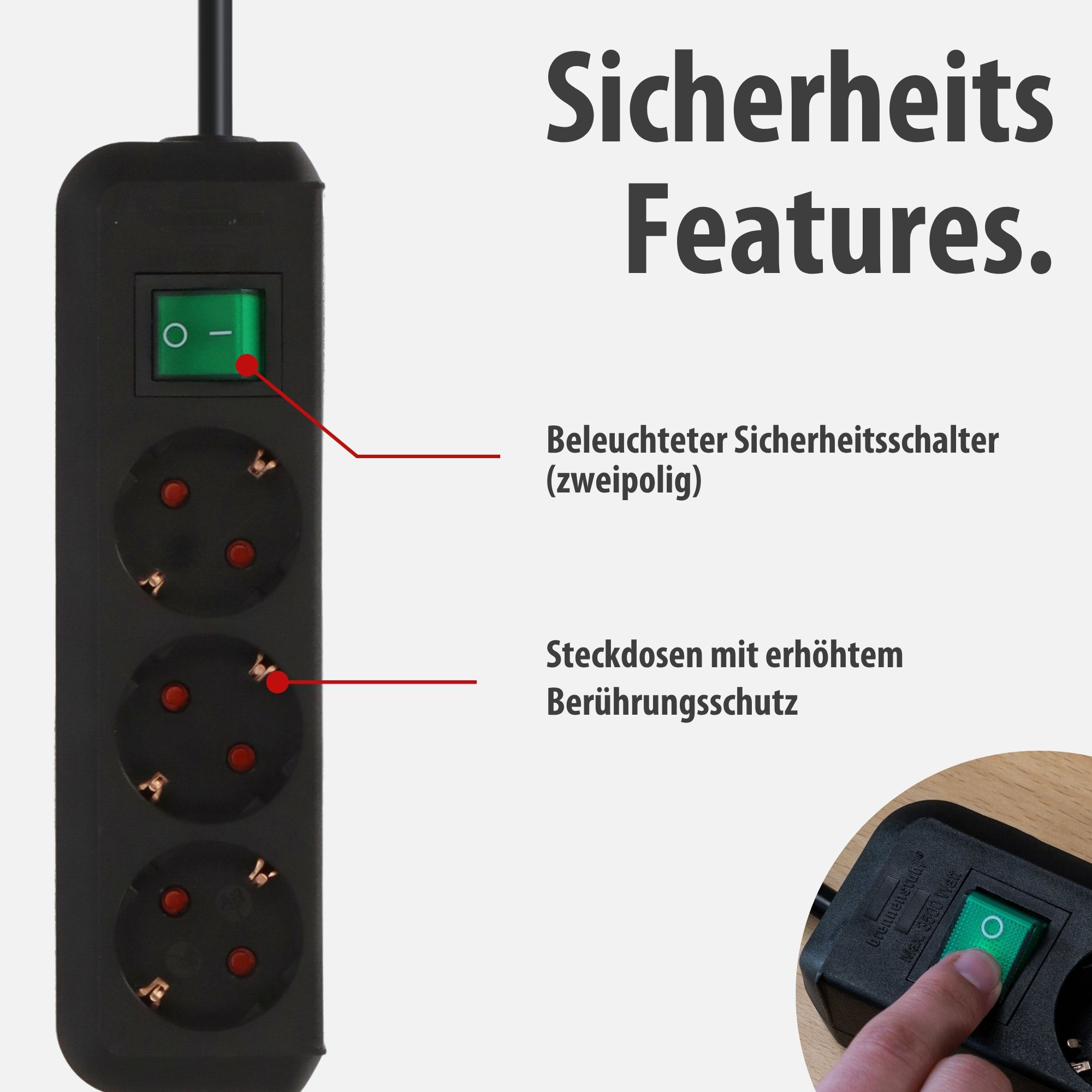 Schwarzer Mehrfachstecker mit beleuchtetem Schalter und Steckdosen.