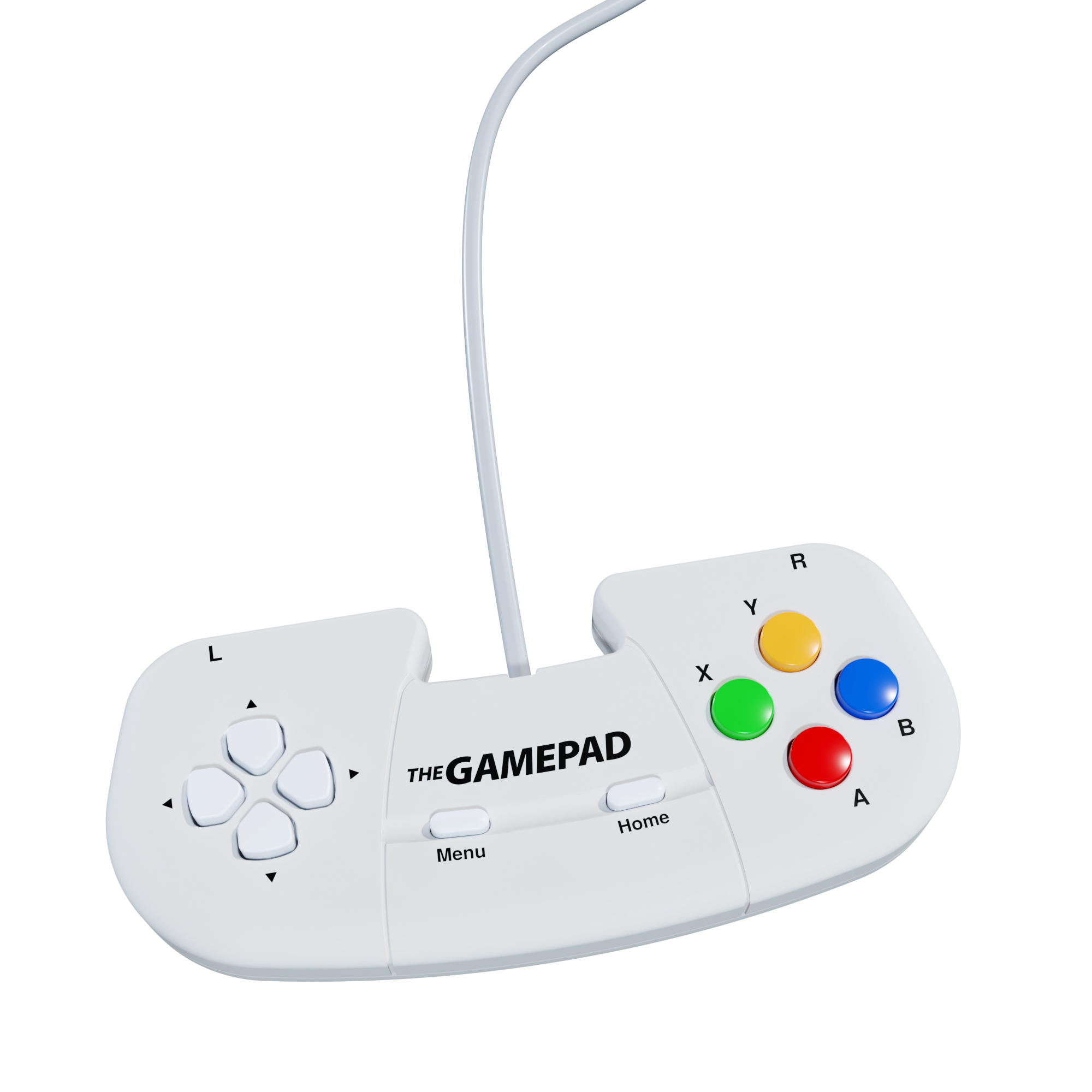 Ein weißes Gamepad mit Kabel, D-Pad, A/B/X/Y-Tasten und Menü-/Home-Knöpfen.