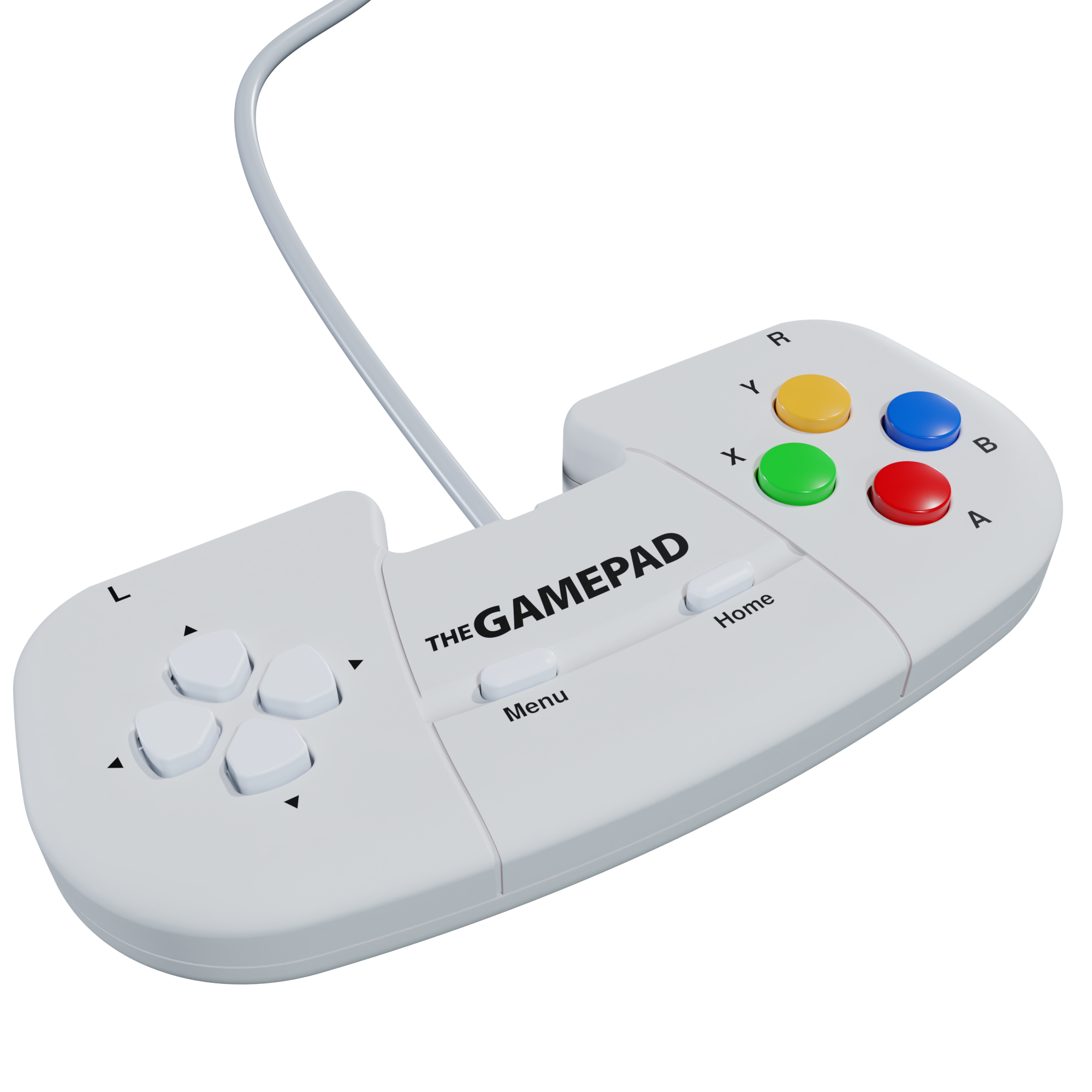 Ein weißes Gamepad mit einem grauen Kabel, vier Steuerkreuz-Tasten, vier farbigen Knöpfen und den Aufschriften 'Menu' und 'Home'.