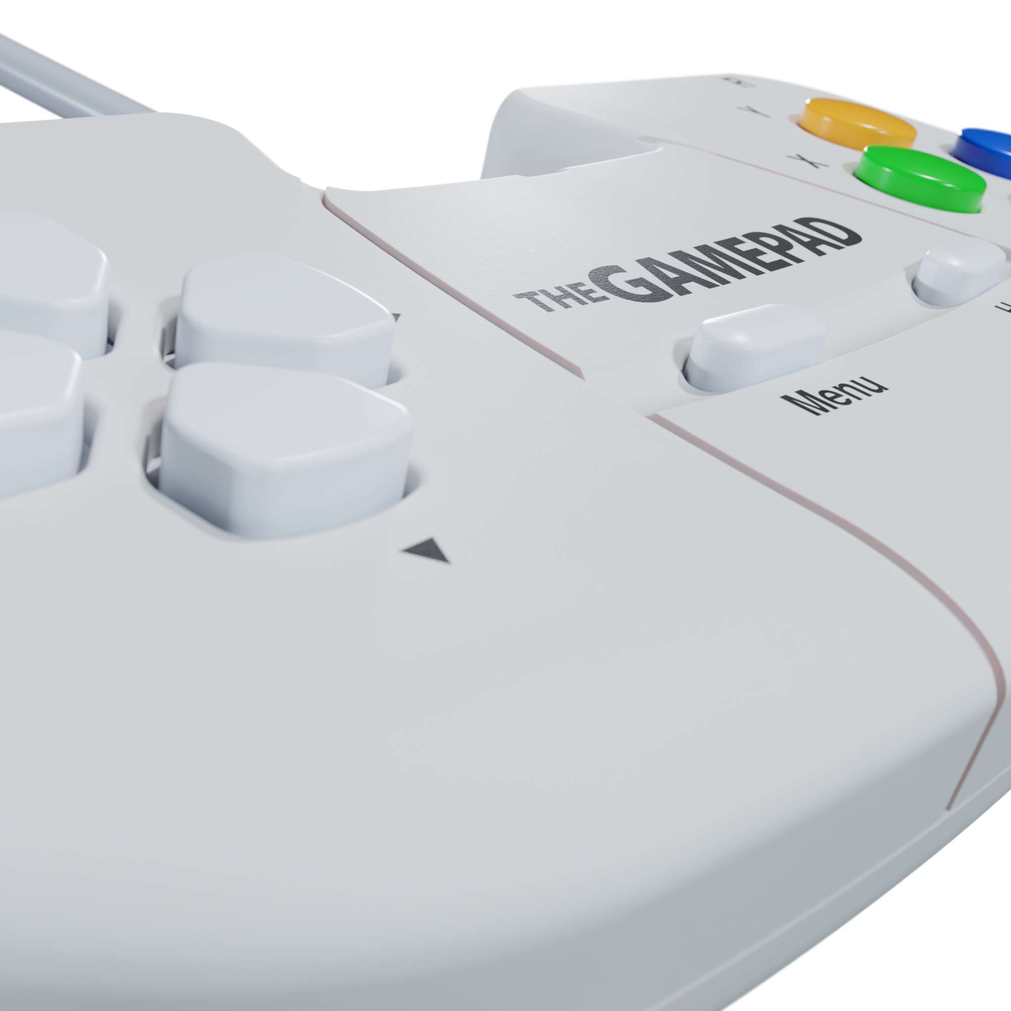 Ein weißer Gamepad mit bunten Knöpfen und der Aufschrift "THE GAMEPAD".