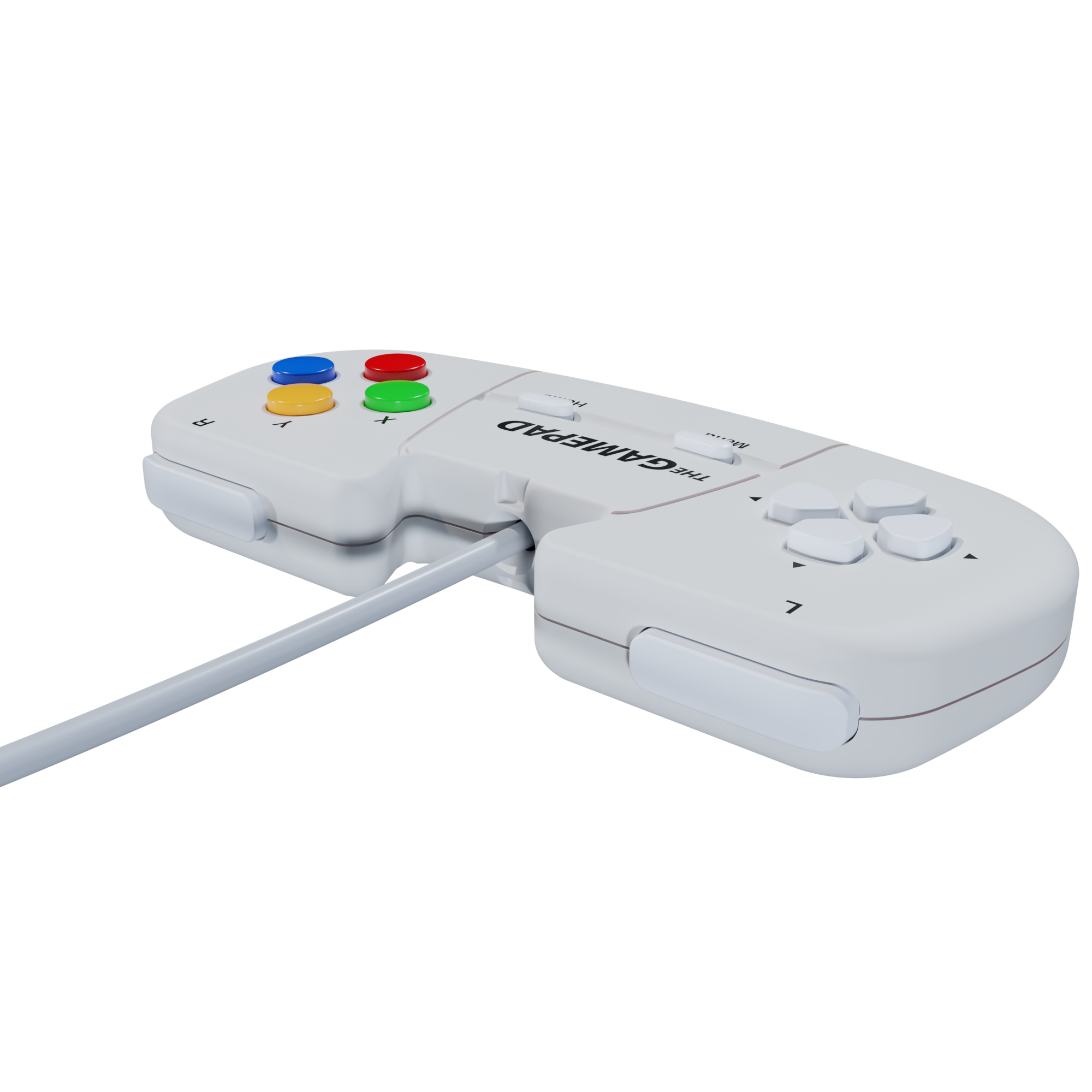 Ein weißer Gamepad mit farbigen Knöpfen und einem Kabel.