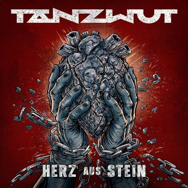 Hände halten ein Steinherz, angekettet, mit Trümmern und Bandnamen TANZWUT.