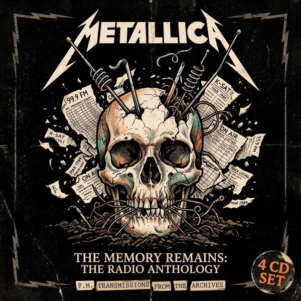 Metallica-Albumcover: Totenkopf mit Drähten, Radiofrequenzen und Tracklisten.