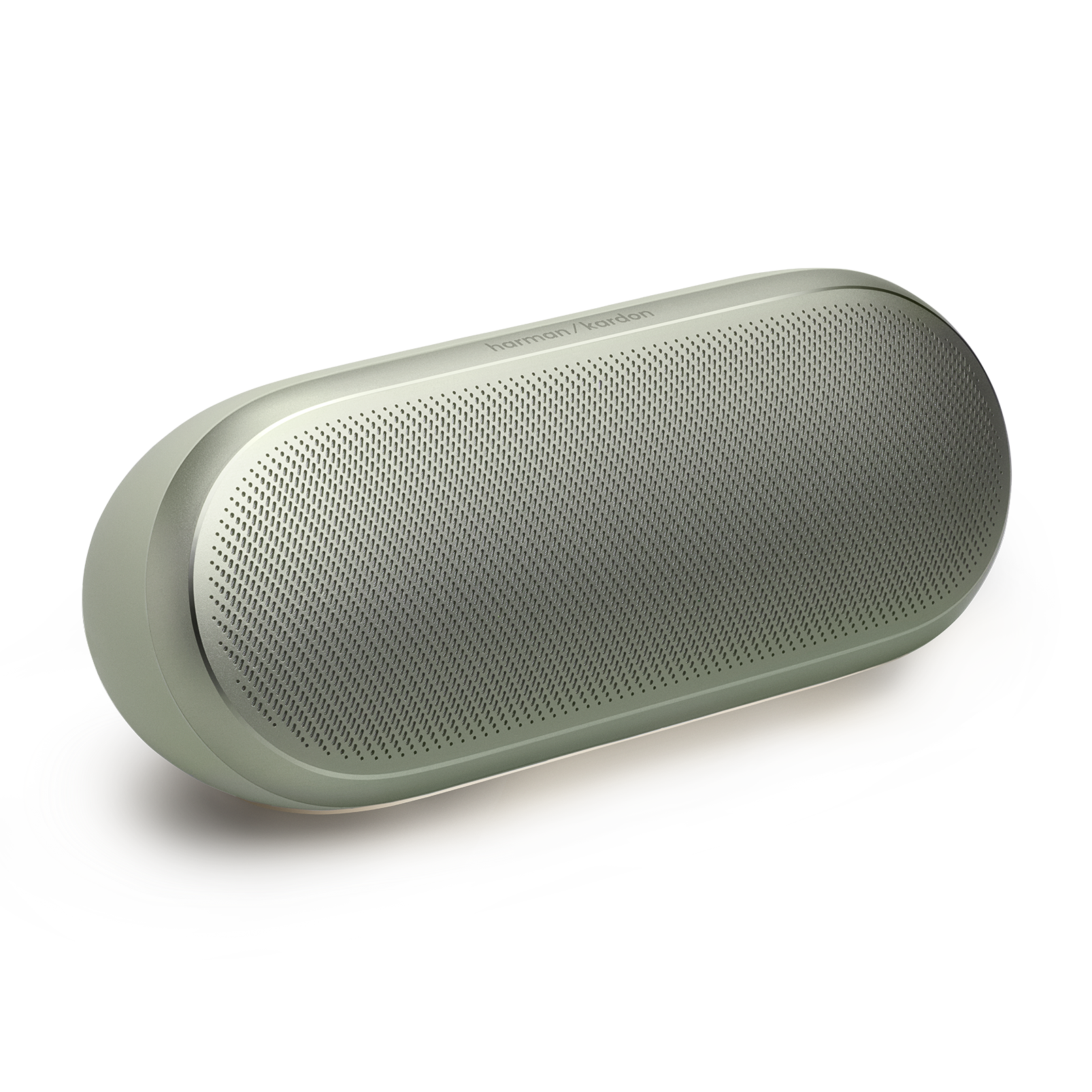 Oval, açık yeşil Harman Kardon hoparlör, siyah arka plan üzerinde ızgara desenli.