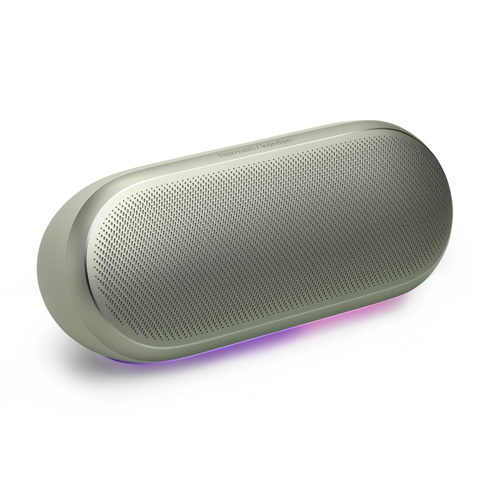 Gümüş rengi Harman Kardon hoparlör, delikli ve mor aydınlatmalı.