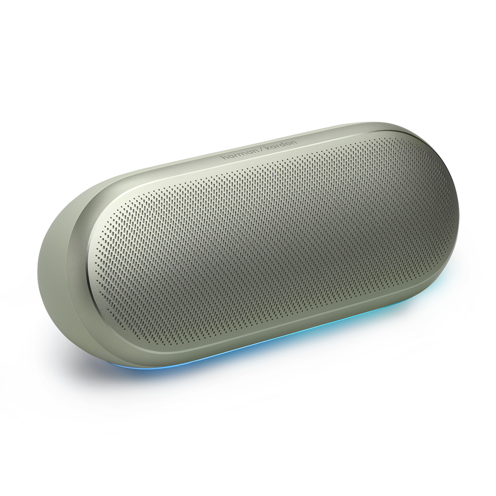 Harman Kardon logolu, mavi aydınlatmalı gümüş oval hoparlör.