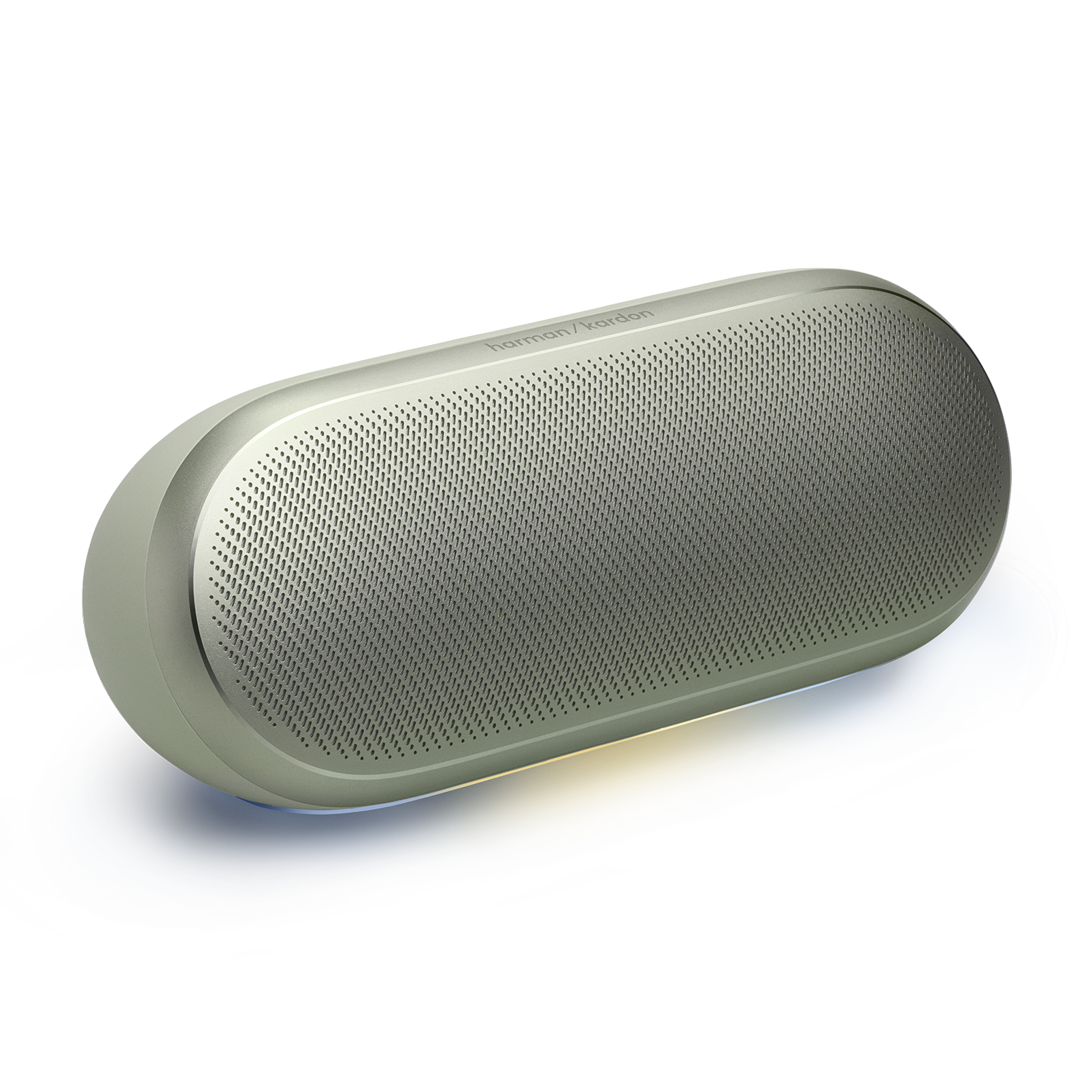 Oval, gümüş renkli Harman Kardon hoparlör, delikli desenli, siyah arka plan.