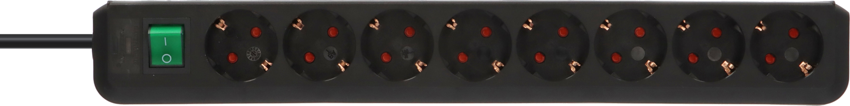 Schwarze Steckdosenleiste mit 7 Steckplätzen und grünem Ein-/Ausschalter.