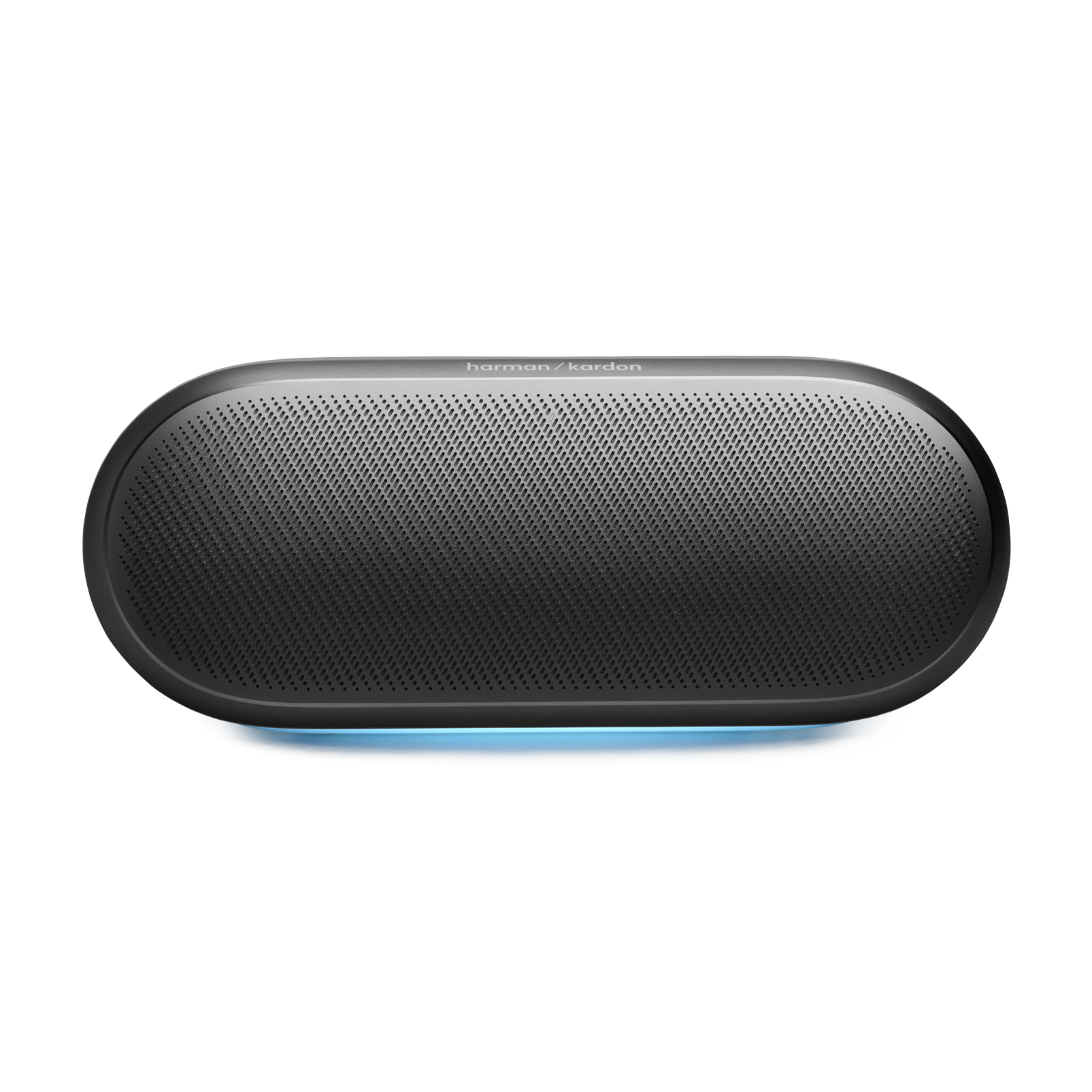 Altta mavi ışıklı şeridi olan oval, siyah Harman Kardon hoparlör.