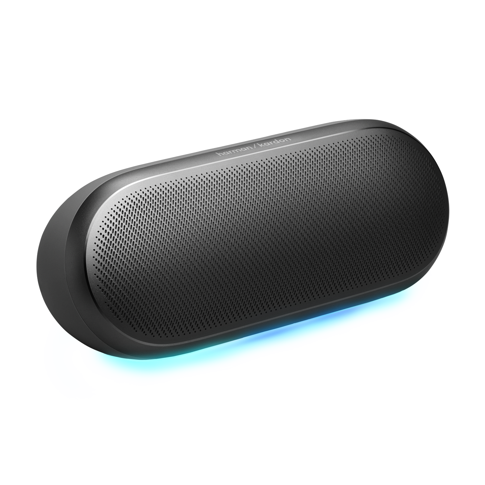 Siyah arka plan üzerinde mavi aydınlatmalı gri oval Harman Kardon hoparlör.