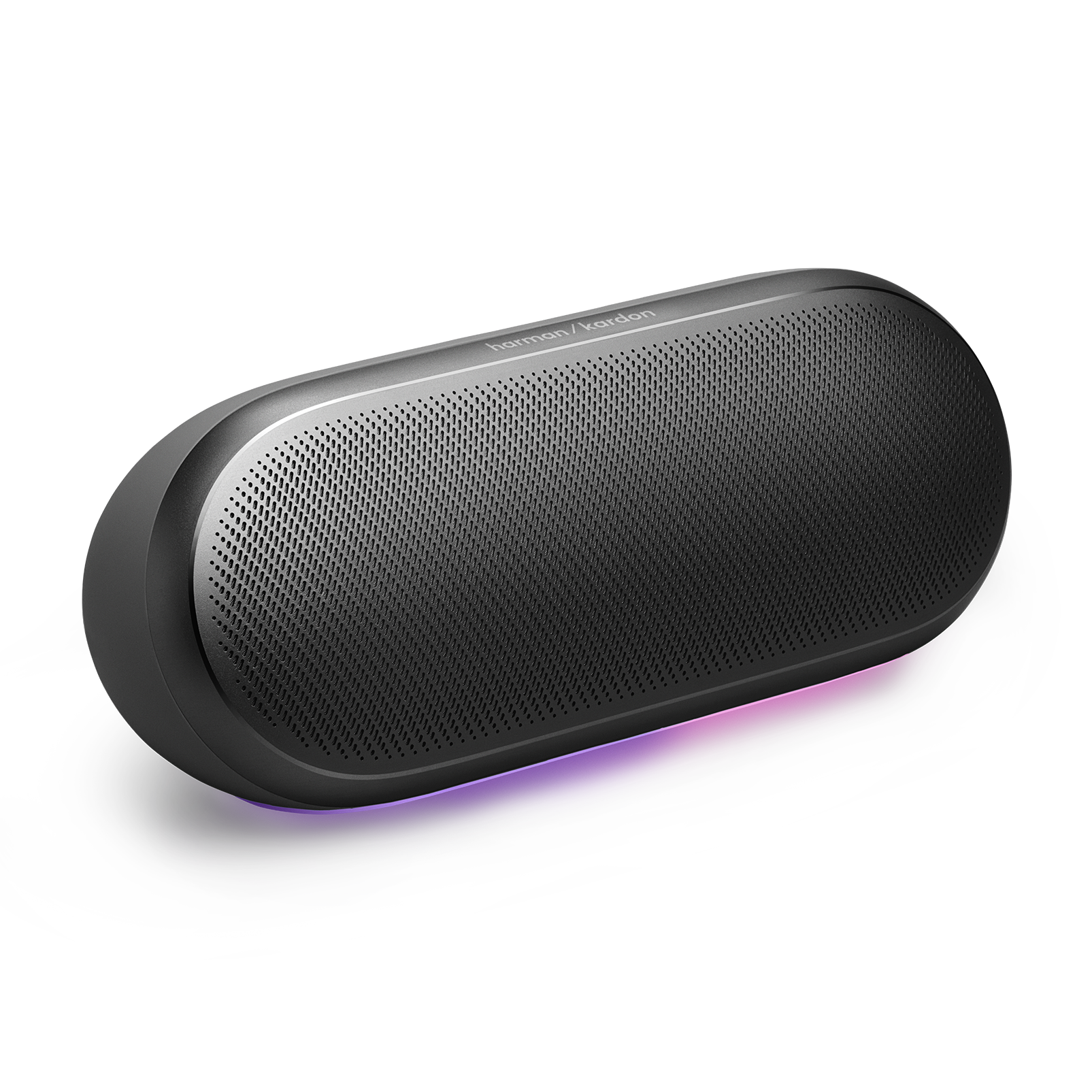 Gümüş üst ve mor aydınlatmalı siyah bir Harman Kardon hoparlör.
