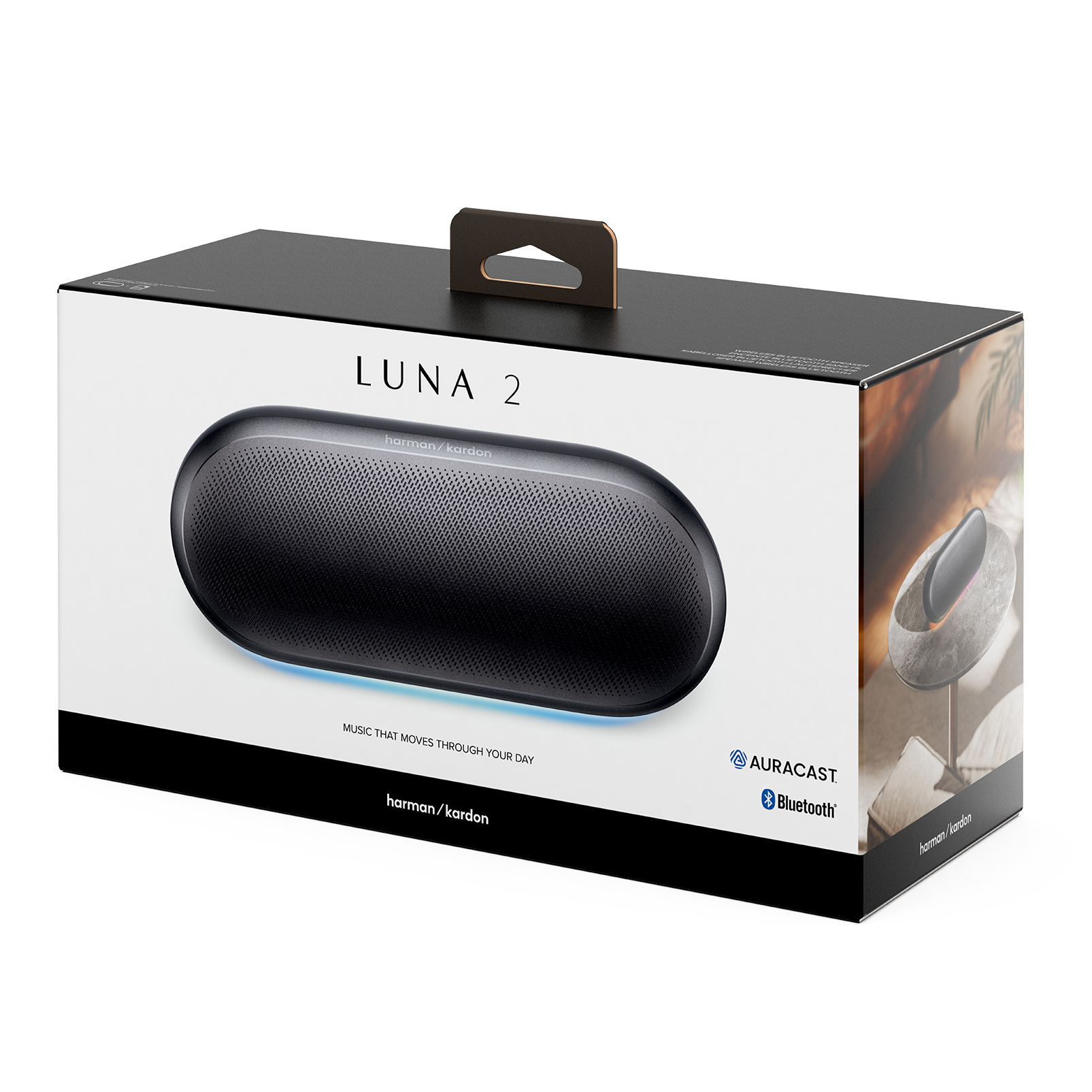 Siyah bir Harman/Kardon LUNA 2 Bluetooth hoparlörlü kutu.