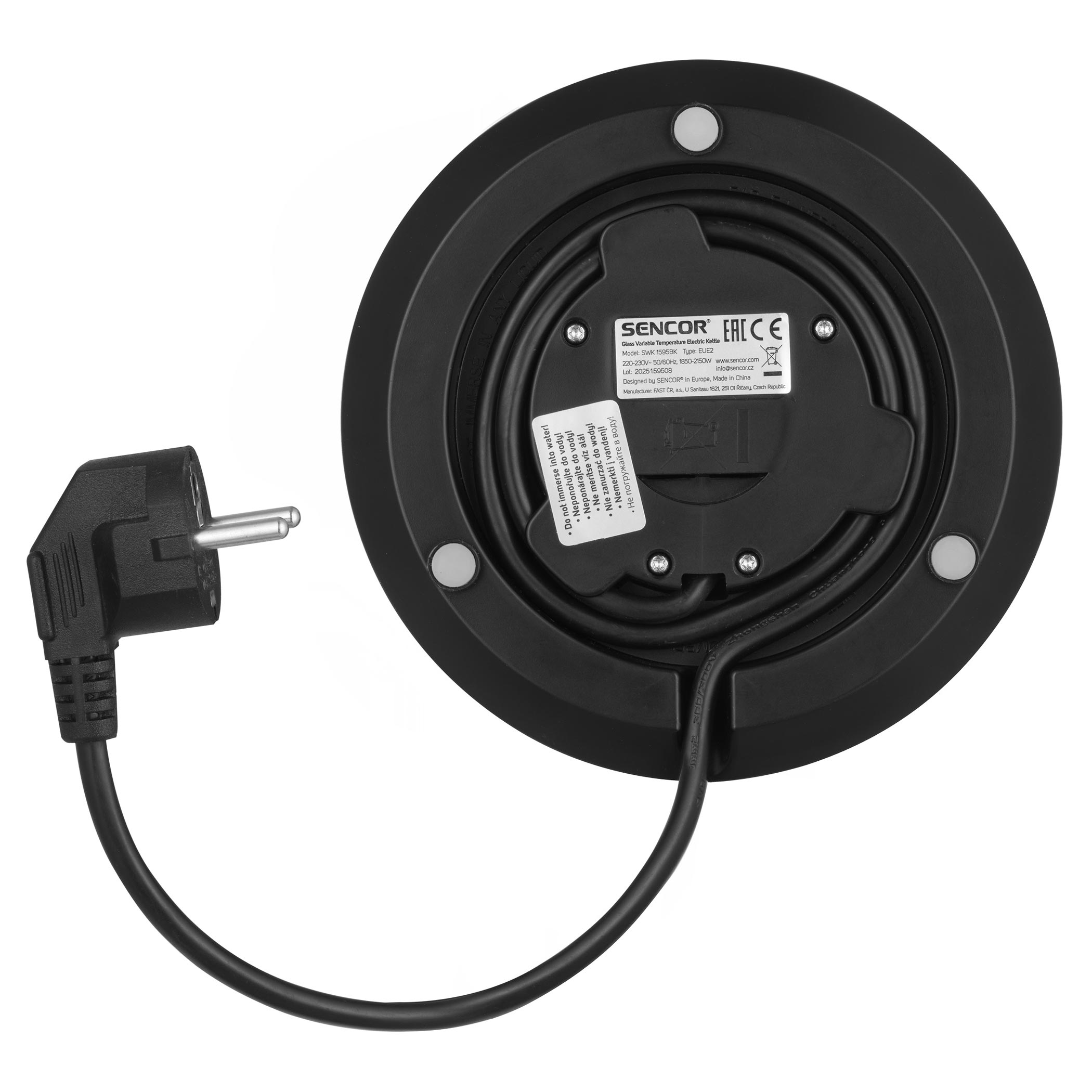 Fekete elektromos vízforraló alja tápkábellel és dugóval.
