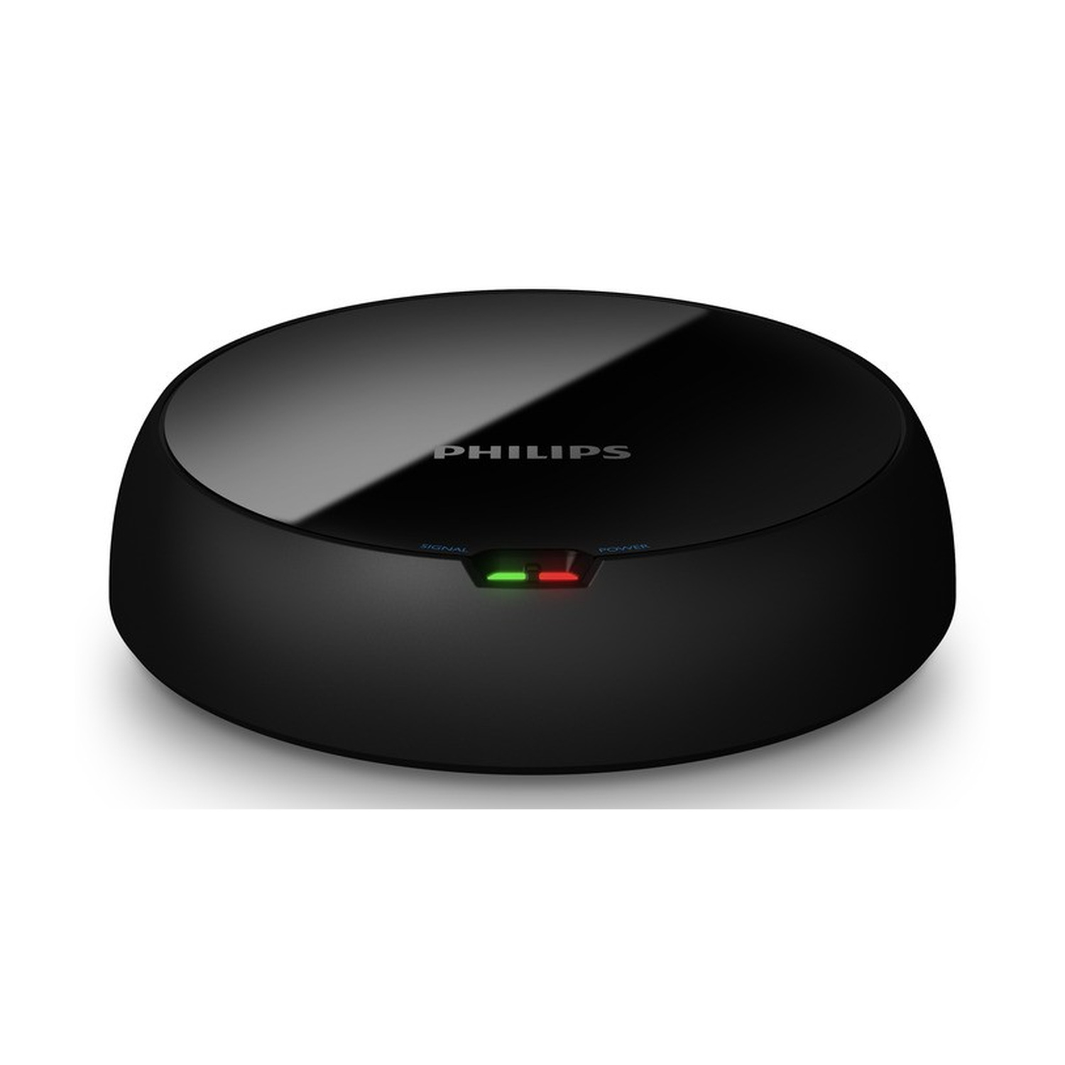 Trasmettitore Philips nero con indicatori LED verdi e rossi.