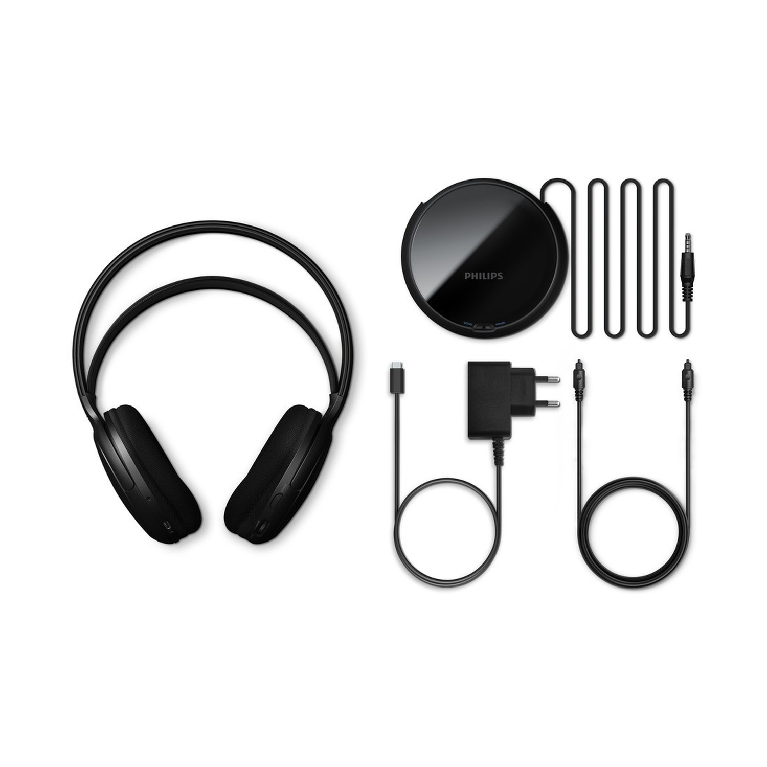 Cuffie Philips nere, caricatore, cavi e trasmettitore rotondo.