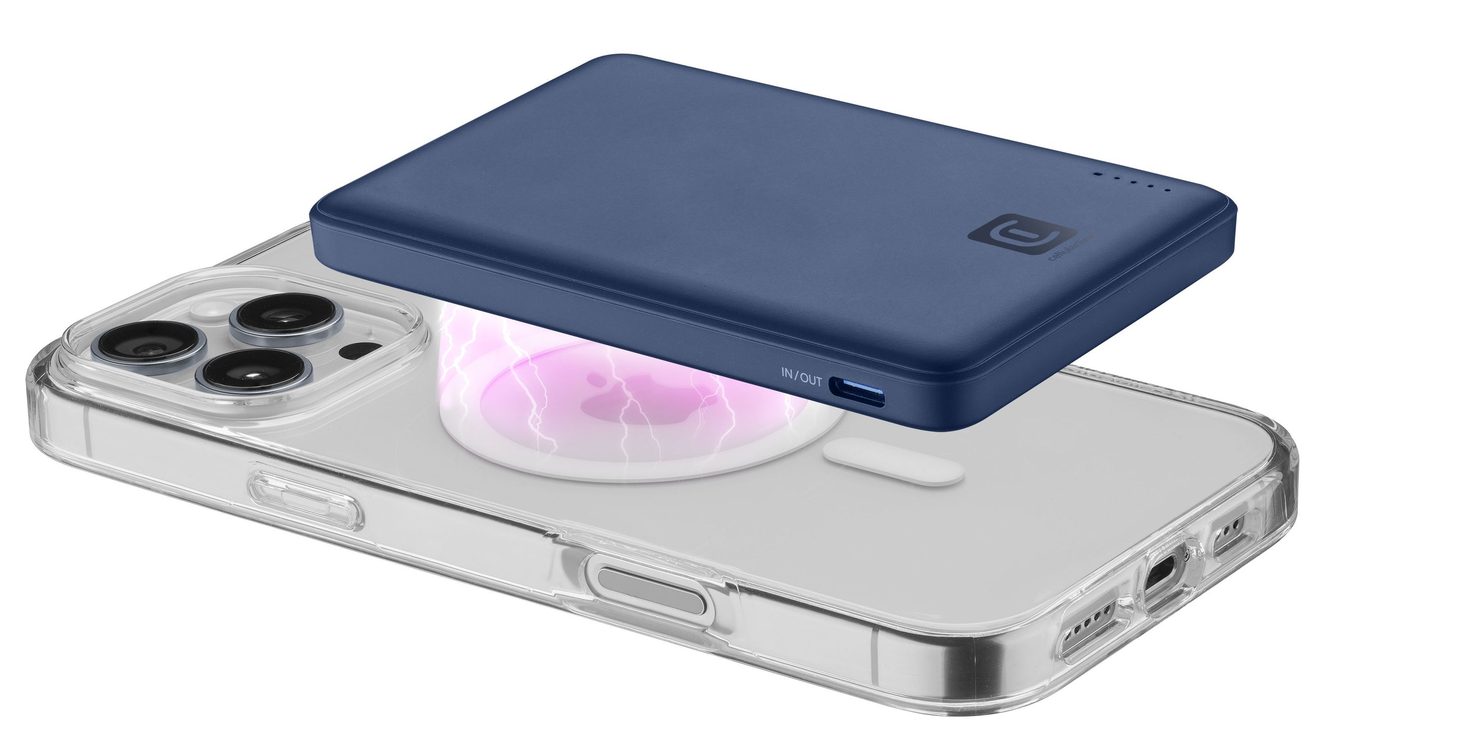 Mavi powerbank iPhone şarj ediyor. Pembe şarj göstergesi görünüyor.