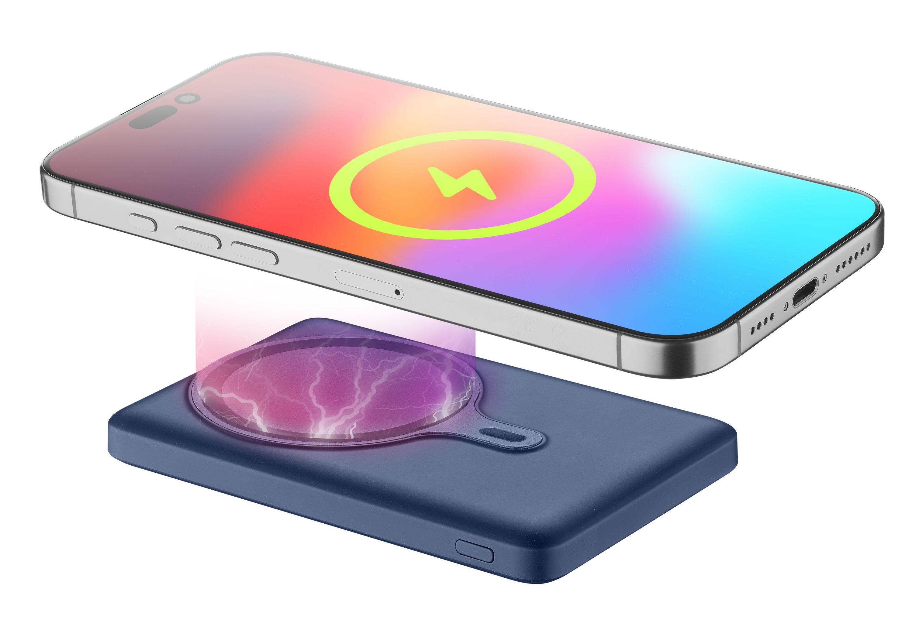Şarj olan bir iPhone'u olan koyu mavi kablosuz şarj cihazı.