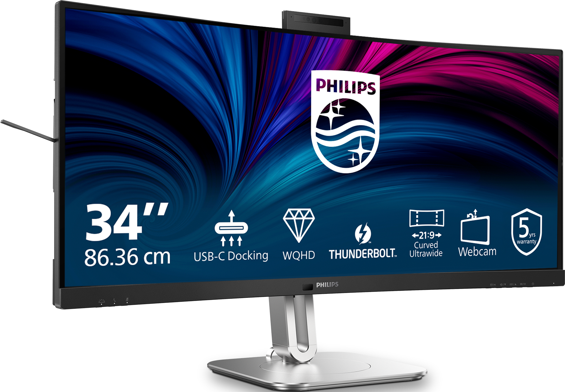 Ein gebogener 34-Zoll-Ultrawide-Monitor von Philips mit Webcam und USB-C-Docking.