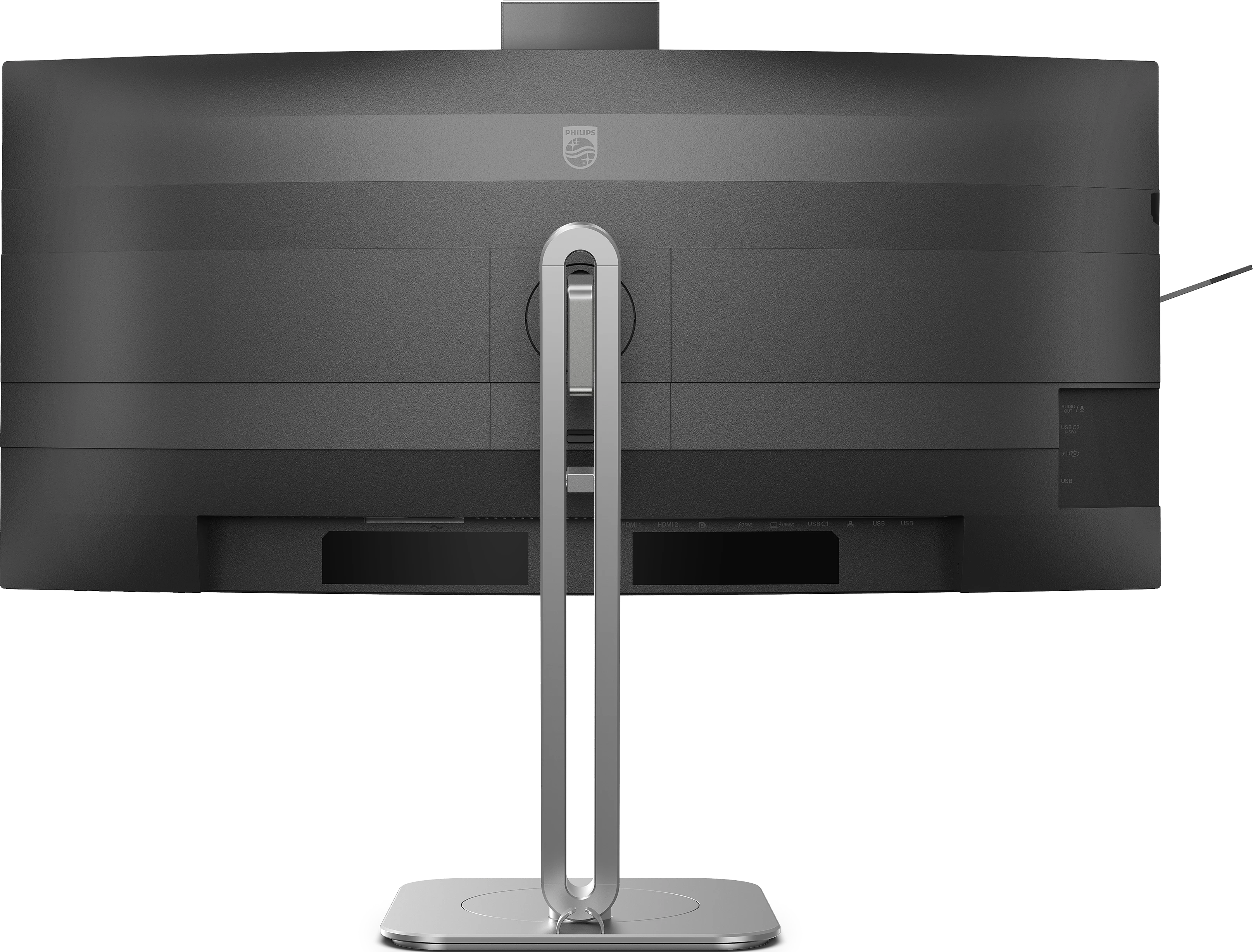 Rückansicht eines grauen Philips Monitorständers mit Anschlüssen für HDMI, USB C und USB.