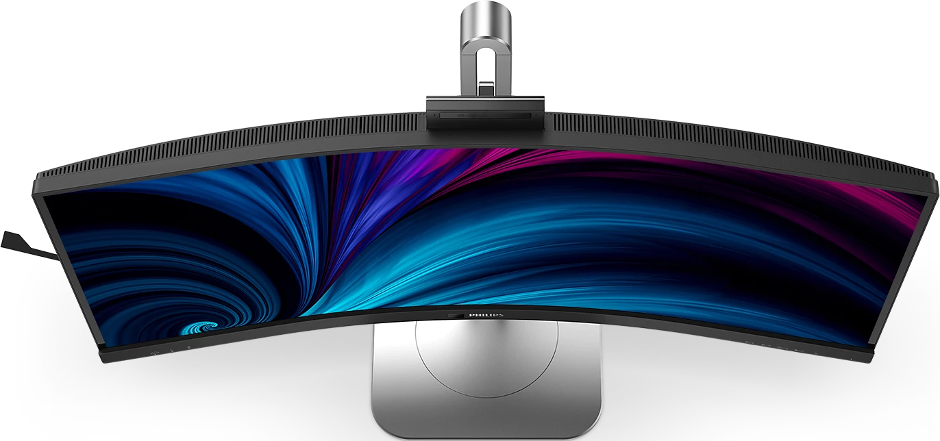 Ein gebogener Monitor mit einem bunten abstrakten Hintergrund und einem silbernen Ständer.