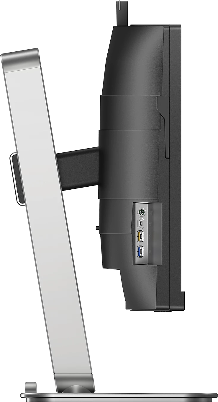 Seitenansicht eines schwarzen Monitors mit silbernem Ständer und Anschlüssen.