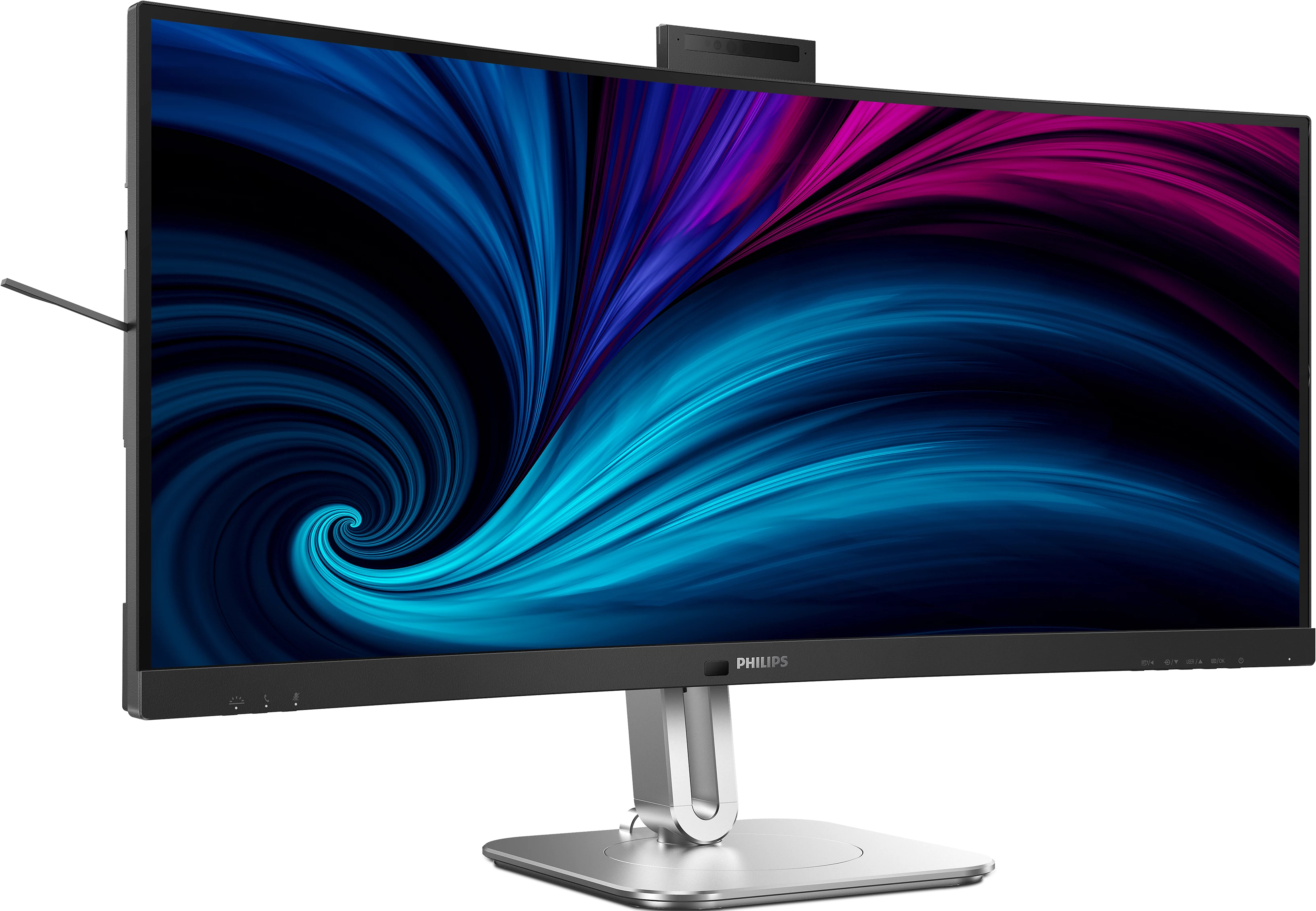 Ein gebogener Philips Monitor mit einem wirbelnden blau-lila Hintergrundbild.