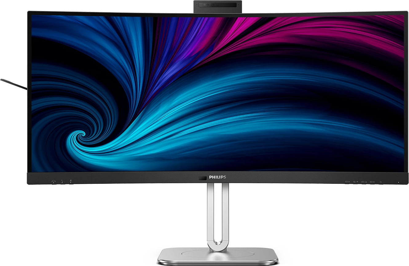 Ein moderner Monitor mit einem abstrakten Hintergrund in Blau- und Violetttönen.