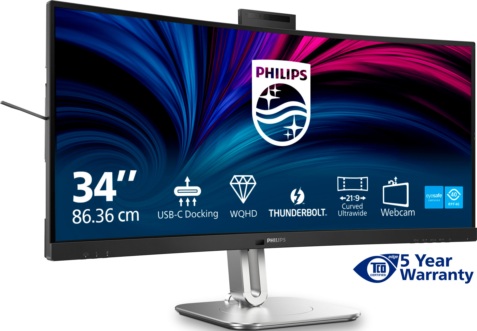 Ein gebogener 34-Zoll-Philips-Monitor mit Webcam und Thunderbolt-Anschluss.