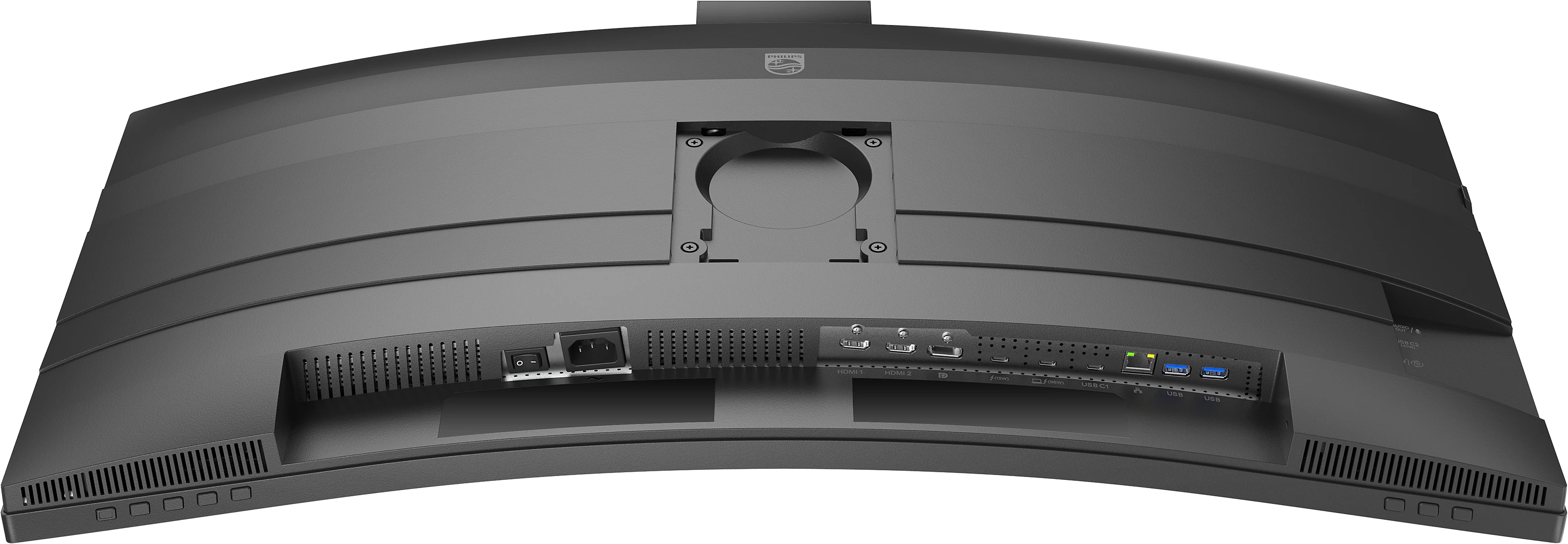 Rückseite eines gebogenen Monitors mit Anschlüssen: Strom, HDMI, USB-C und USB.