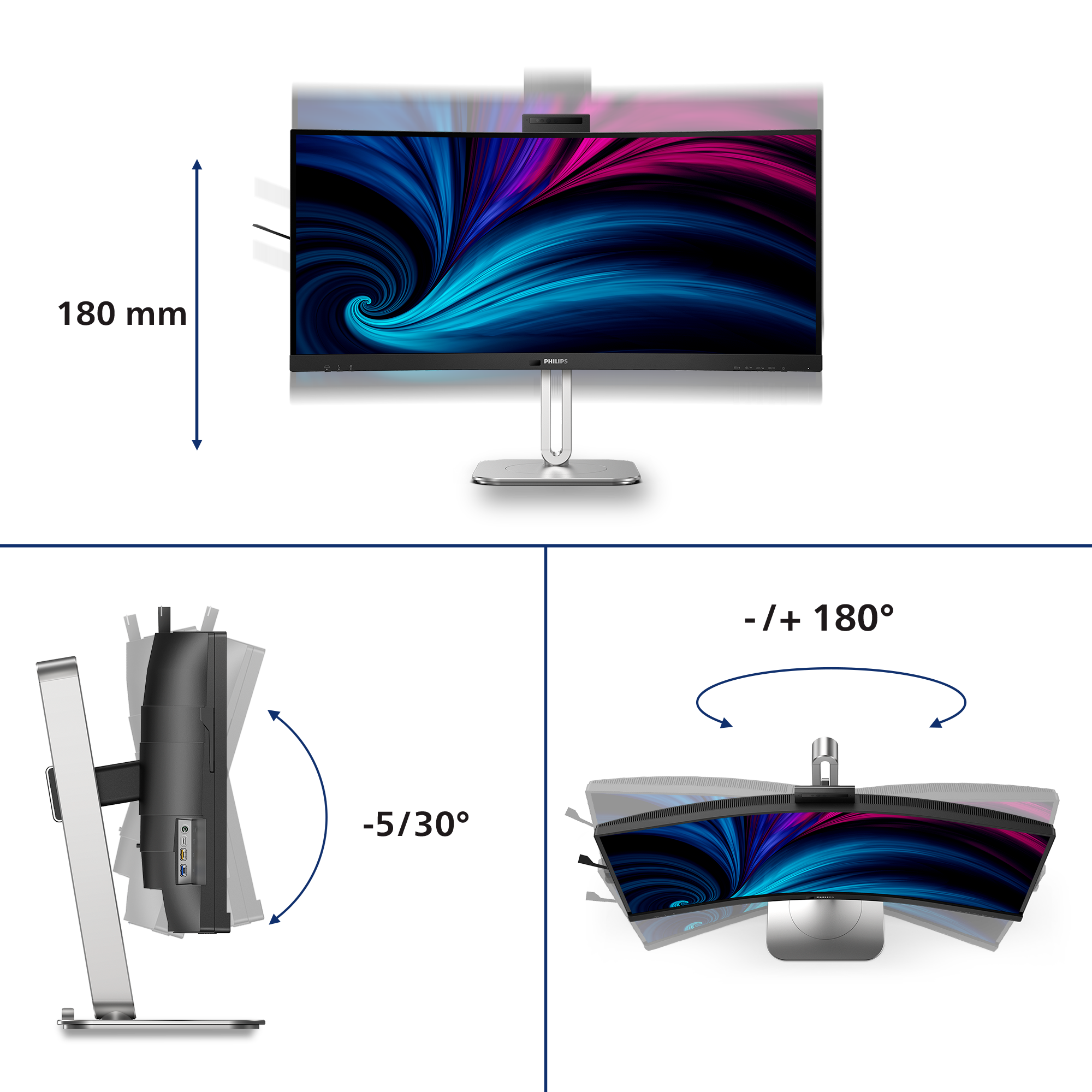 Ein Monitor mit abstraktem Hintergrund, 180mm Höhe, Neigung und Drehung.