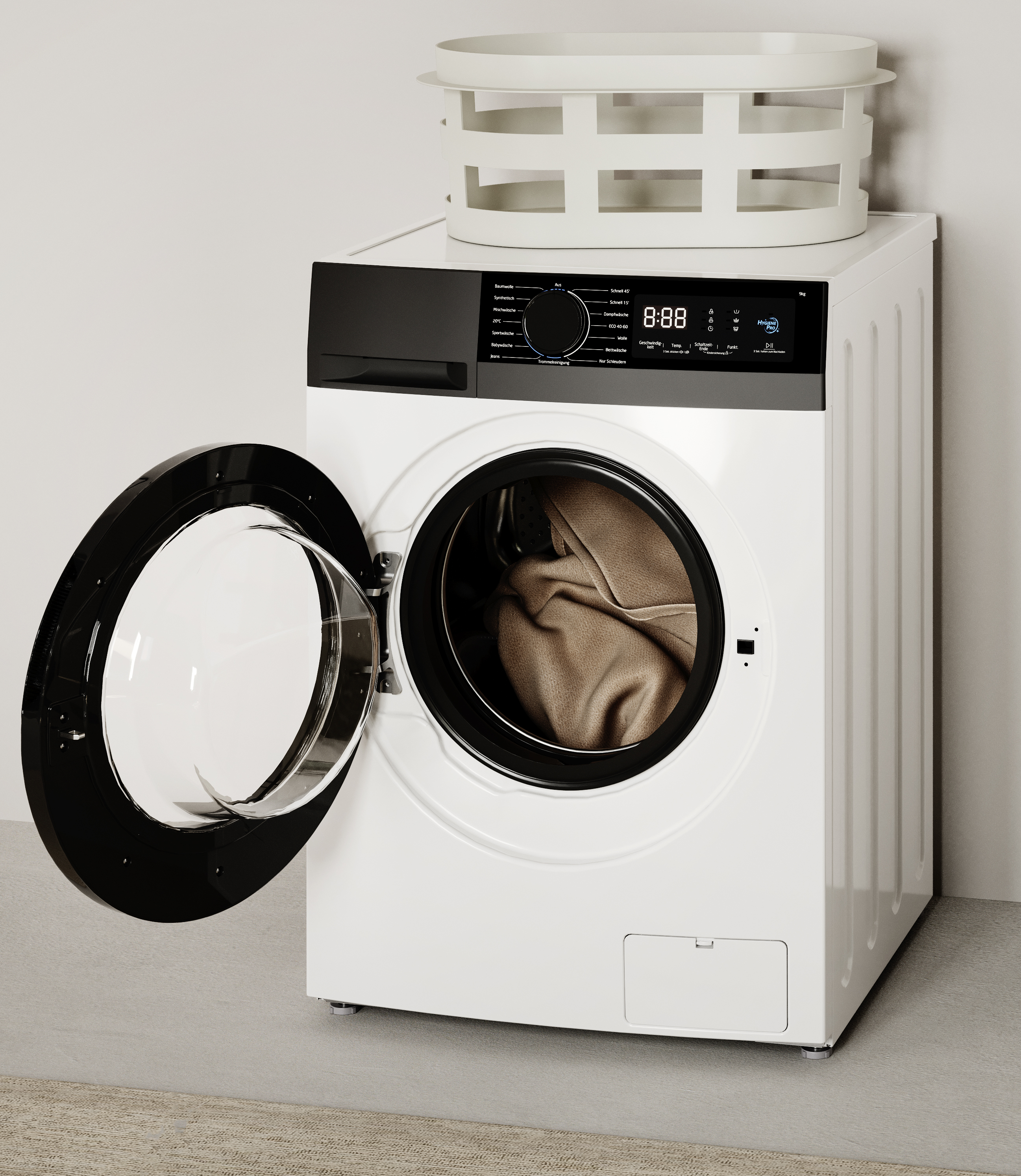 Eine weiße Waschmaschine mit geöffneter Tür, darin braune Wäsche, oben ein Wäschekorb.