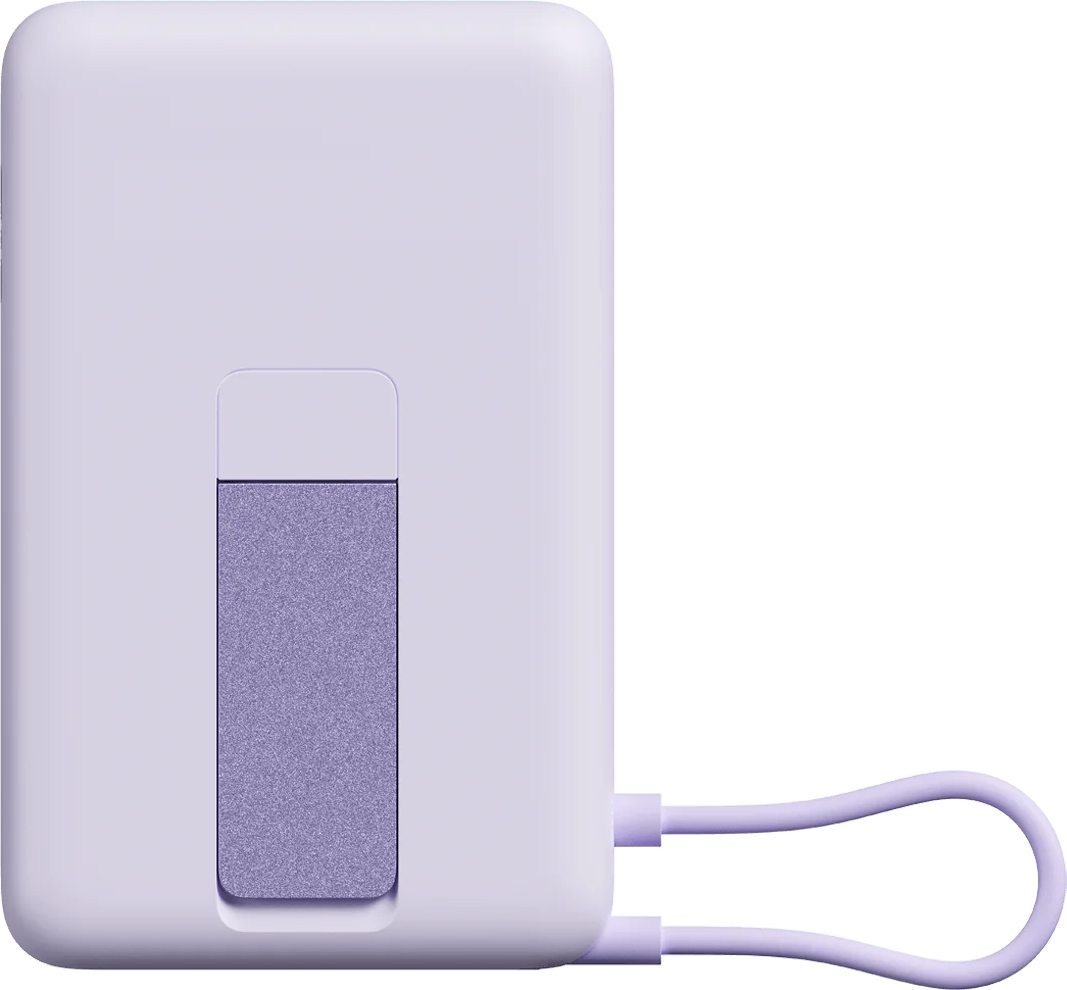Egy levendula színű power bank hurokkal és beépített állvánnyal.
