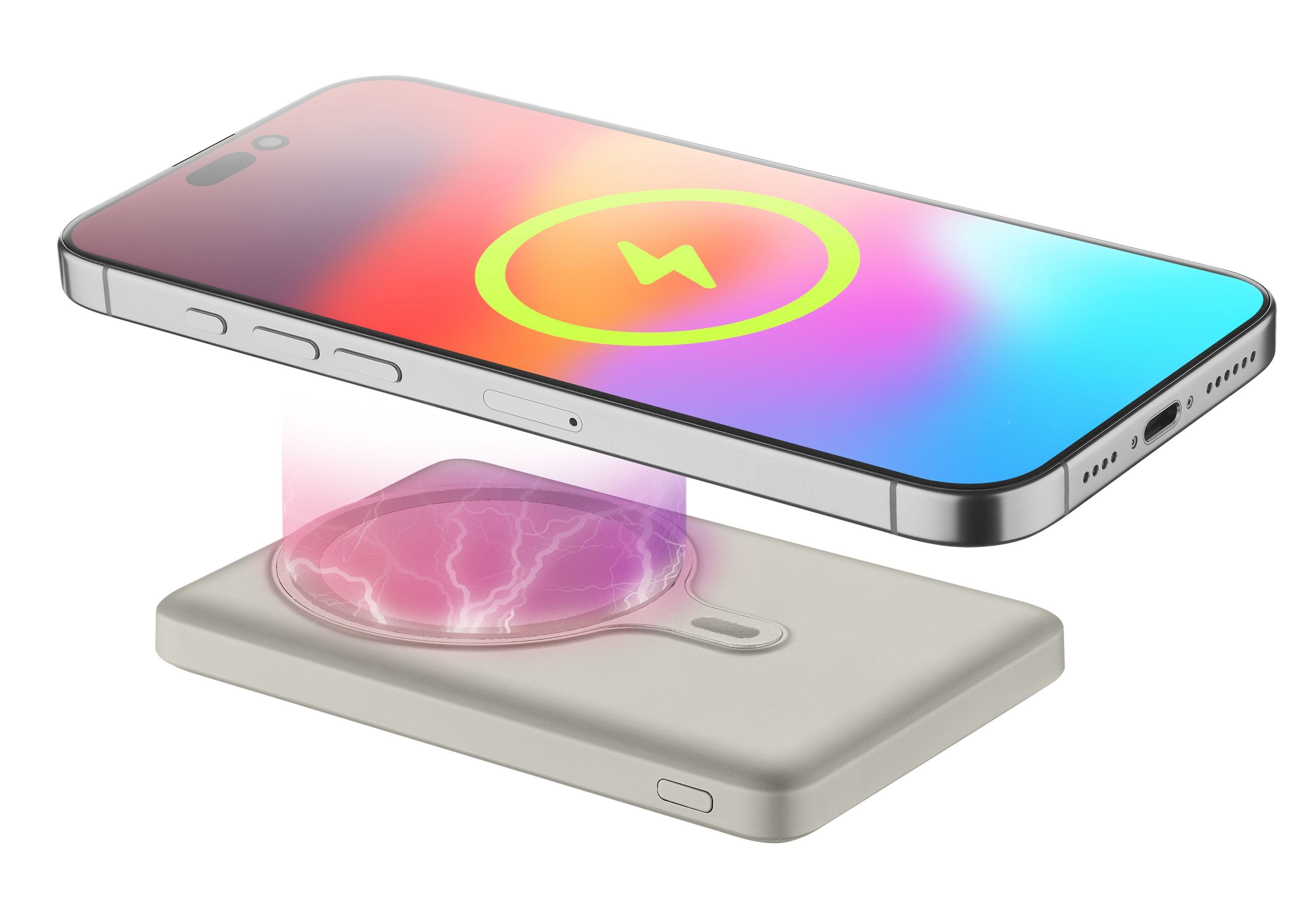 Bir akıllı telefon kablosuz şarj oluyor. Ekranında şarj simgesi gösteriliyor.