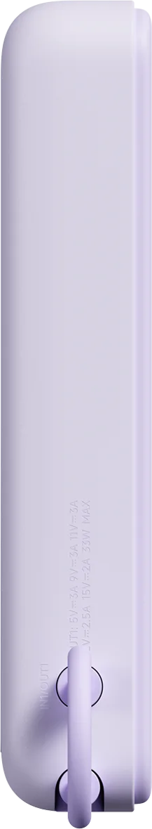 Világoslila powerbank készülék portokkal és specifikációkkal.