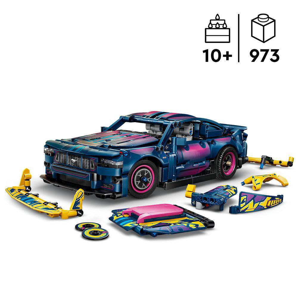 Ein blauer Lego-Sportwagen mit pinken Akzenten und zusätzlichen Teilen.