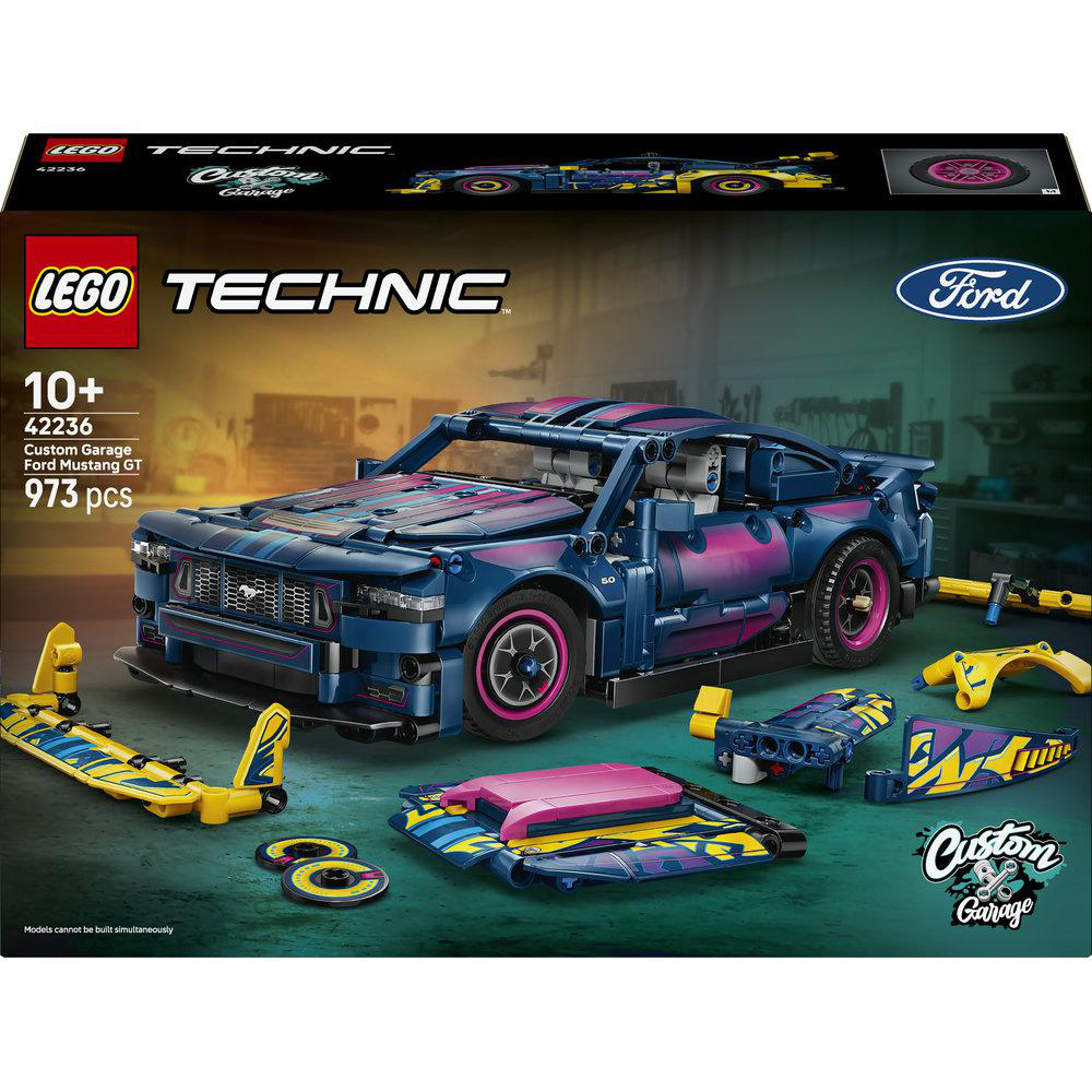 LEGO Technic Ford Mustang GT Bausatz mit Werkstatt-Diorama und Werkzeugen.