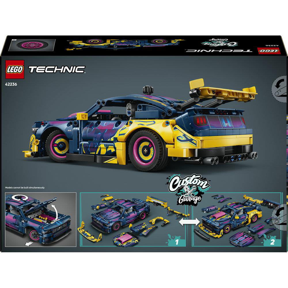 Ein blauer und gelber Lego Technic Rennwagen mit pinken Akzenten, Box-Design.