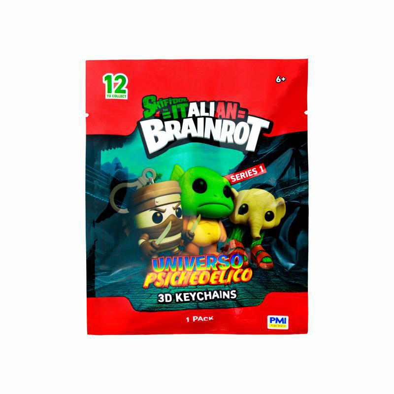 Verpackung mit drei Alien-Schlüsselanhängern: ein brauner Ninja, ein grüner Alien und ein gelber Elefant.