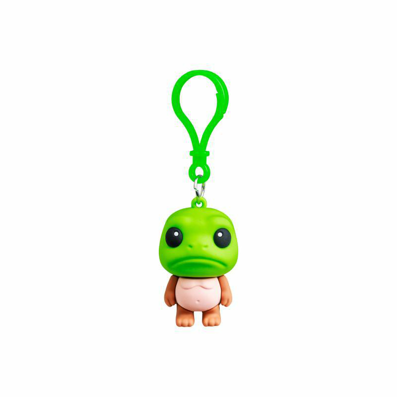 Ein grüner Frosch-Schlüsselanhänger mit braunen Armen und Beinen.