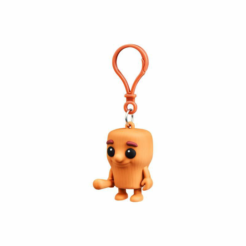 Ein orangefarbener Schlüsselanhänger mit einem kleinen Cartoon-Charakter auf weißem Hintergrund.