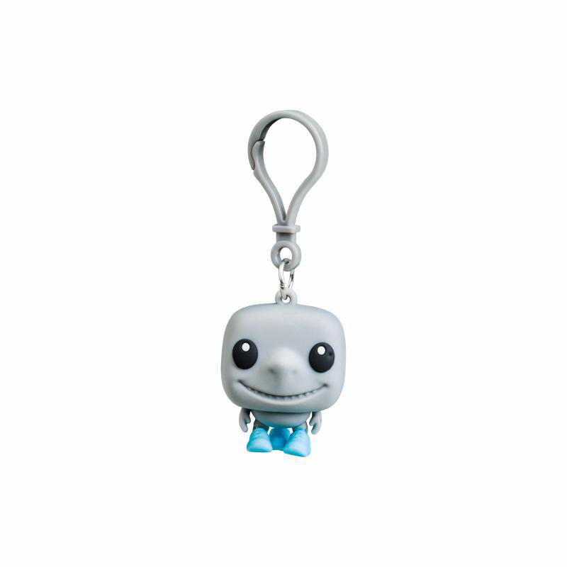 Ein grauer Funko Pop Schlüsselanhänger mit blauen Schuhen steht auf weißem Grund.