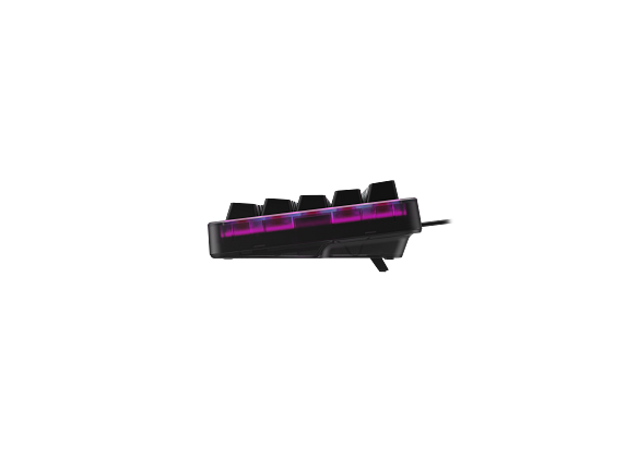 RGB aydınlatmalı siyah klavye, yandan görünüm.