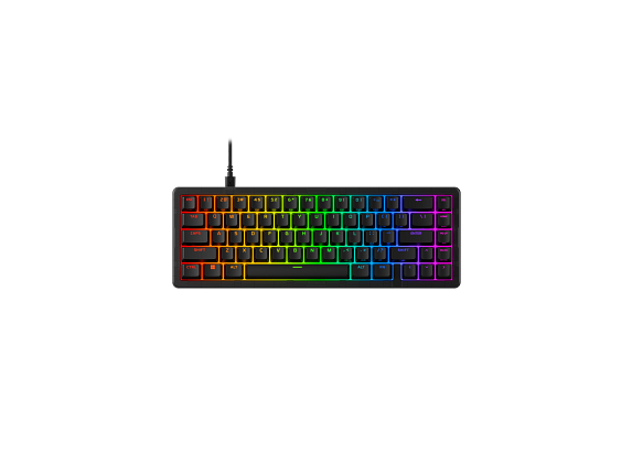 Gökkuşağı renkli RGB aydınlatmalı siyah kompakt klavye, önden görünüm.