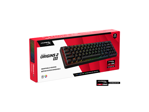 RGB aydınlatmalı HyperX Origins 2 65 oyuncu klavyesi kutusunda.