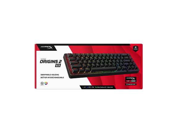 RGB aydınlatmalı HyperX Origins 2 65 klavye kutusunda.