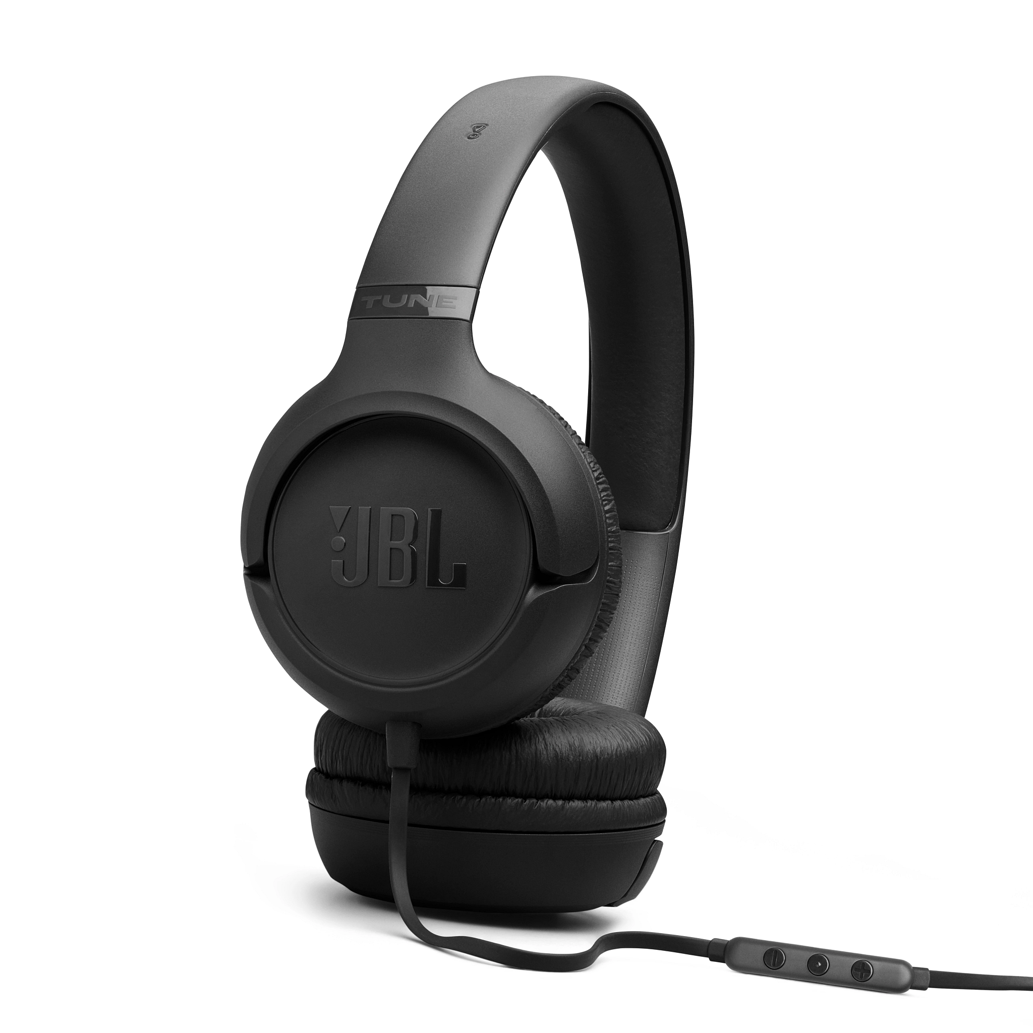 Schwarze JBL Kopfhörer mit Kabel, gepolsterten Ohrmuscheln und Fernbedienung.